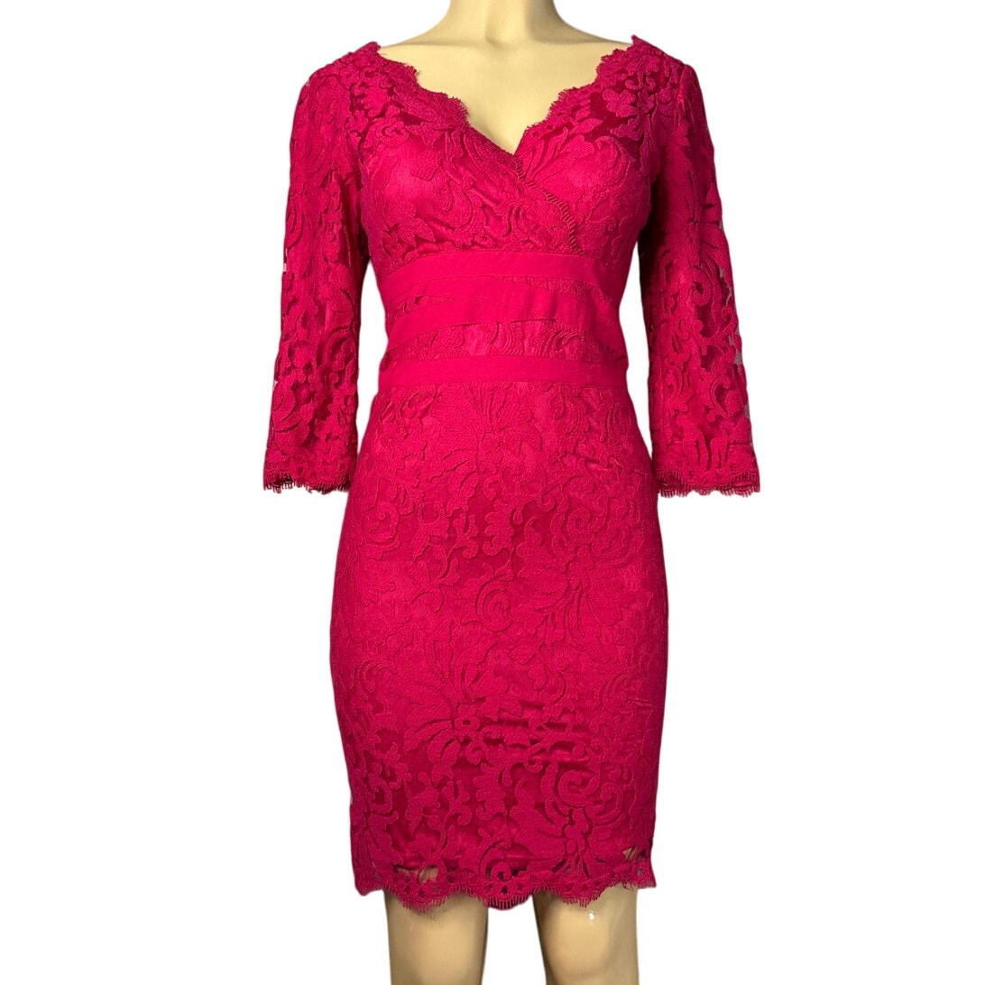 Tadashi Shoji Petite Embroidered Lace V-Neck Sheath Dress Crop Sleeve Red Sz 6p